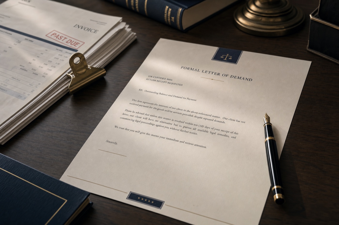 A letter of demand on cream letterhead beside a fountain pen and a clipped stack of unpaid invoices on a dark desk