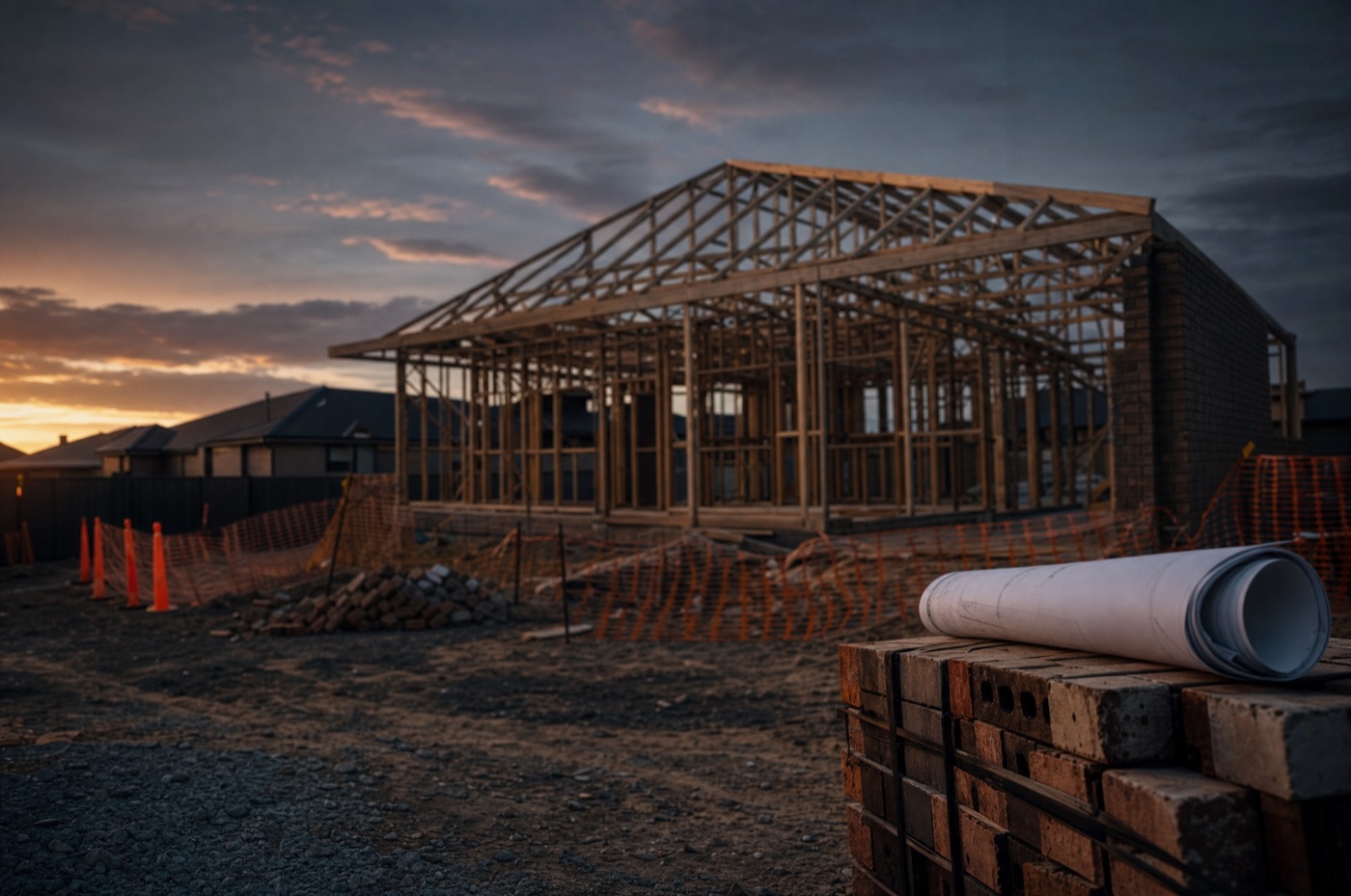 A half-built suburban Melbourne house frame behind temporary fencing at dusk