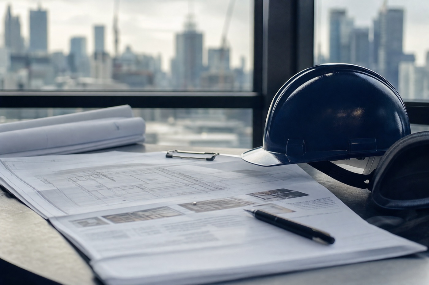 Building plans, a hard hat and a defect inspection report laid out on a site table