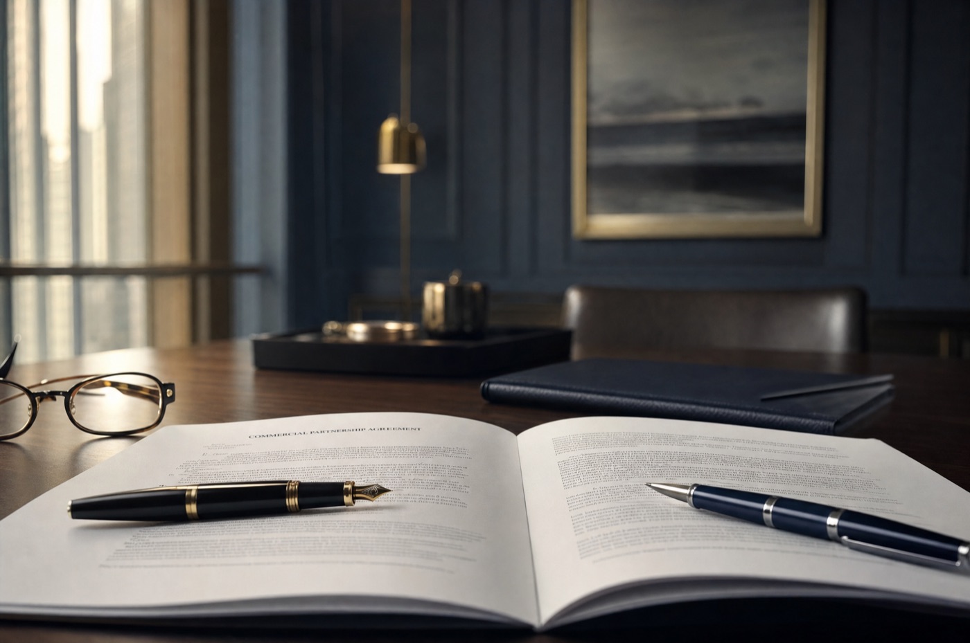 An open partnership agreement on a dark boardroom table with two fountain pens facing each other from opposite ends