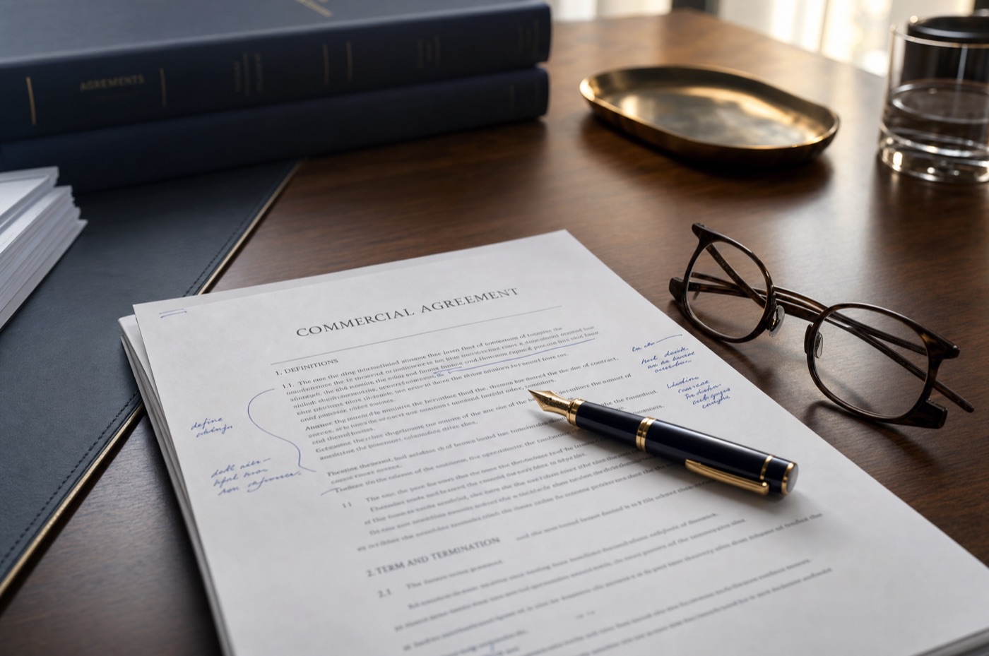 A printed commercial agreement marked up with handwritten annotations in blue ink, with a fountain pen and reading glasses on a boardroom table
