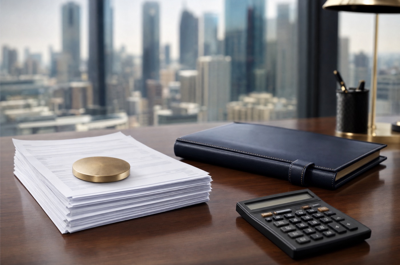 A stack of unpaid commercial invoices under a brass paperweight beside a ledger on a Melbourne office desk