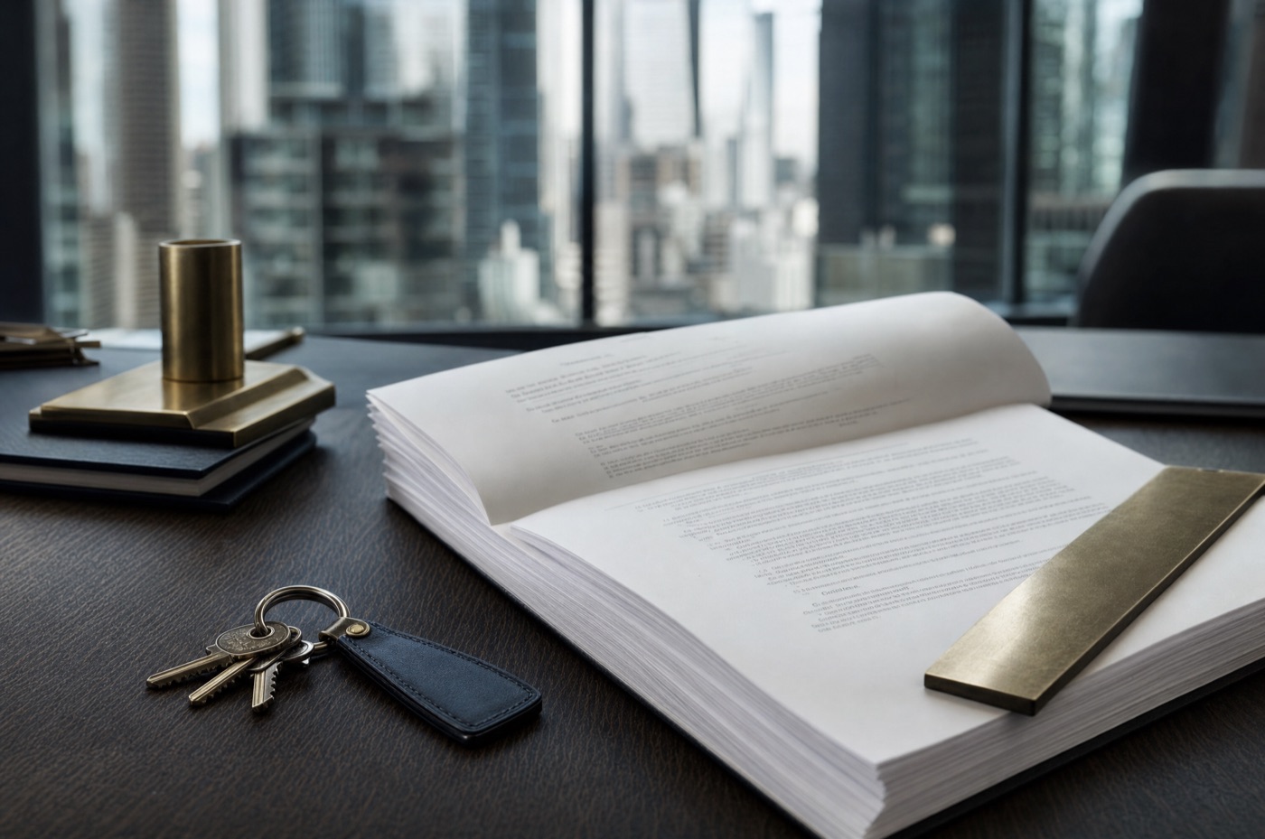 A commercial lease document, brass ruler and office keys on a dark timber desk in a Melbourne high-rise office