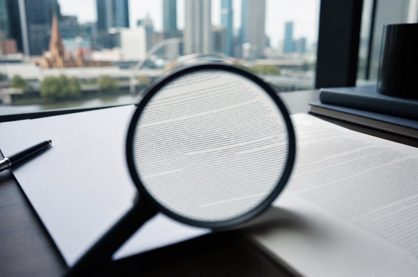 A consumer contract with dense fine print under a magnifying glass on a Melbourne lawyer's desk