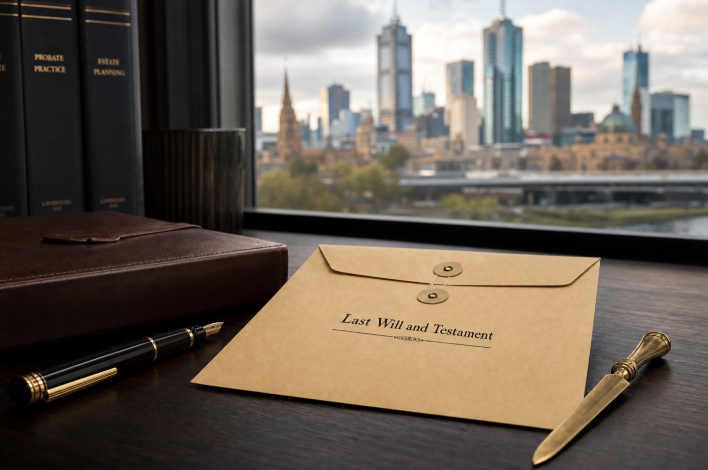 A sealed will envelope and a brass letter opener on a dark timber desk beside a Melbourne solicitor's notebook