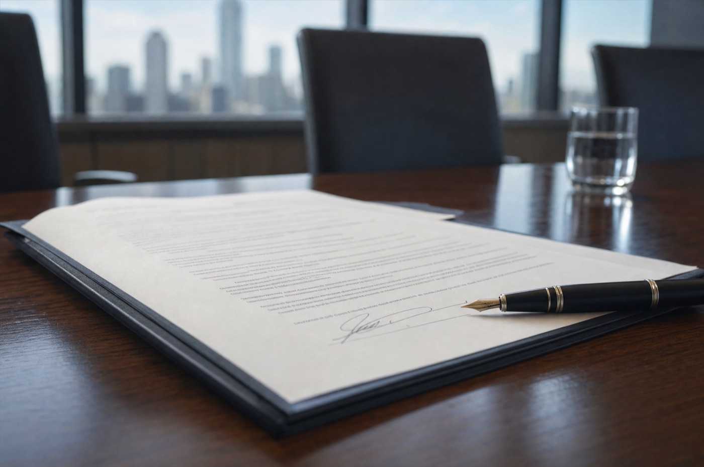 A commercial contract open at its signature page with a fountain pen resting on a Melbourne boardroom table
