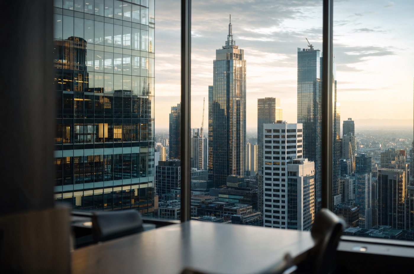 Melbourne CBD office towers reflected across glass facades at golden hour, viewed from a boardroom window