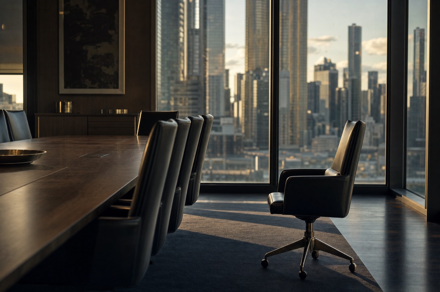 A long empty boardroom table with leather chairs, one chair pulled out and turned away, Melbourne skyline through the windows