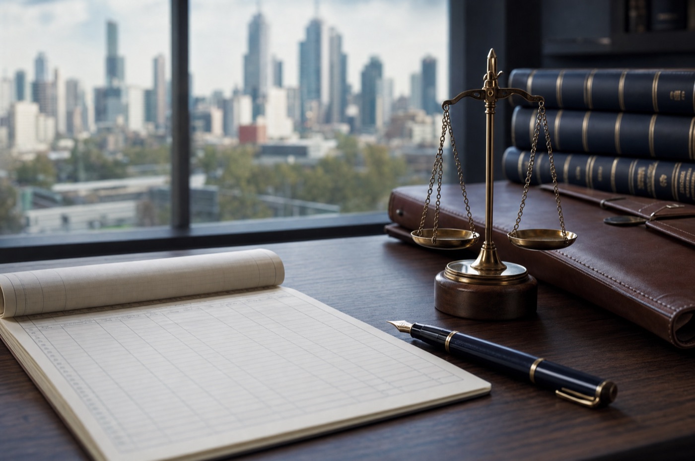 An itemised legal costs ledger and fountain pen beside brass scales on a Melbourne lawyer's desk