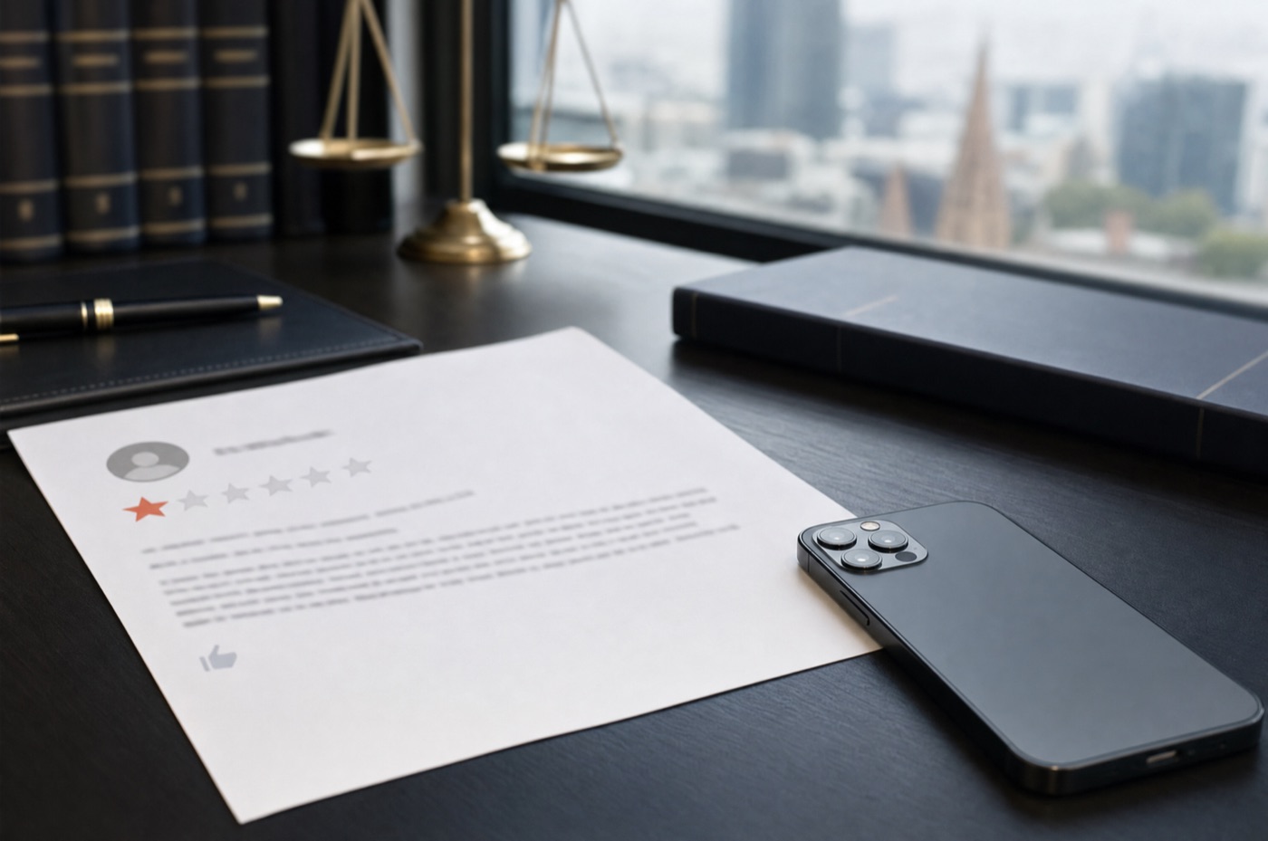 A printed one-star online review beside a phone on a Melbourne defamation lawyer's desk