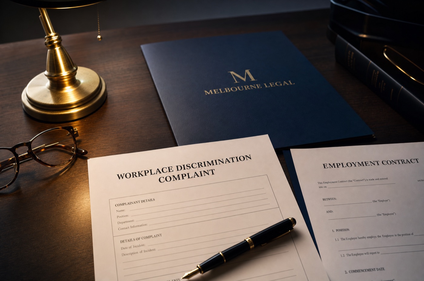 A written discrimination complaint and employment contract on a Melbourne lawyer's desk