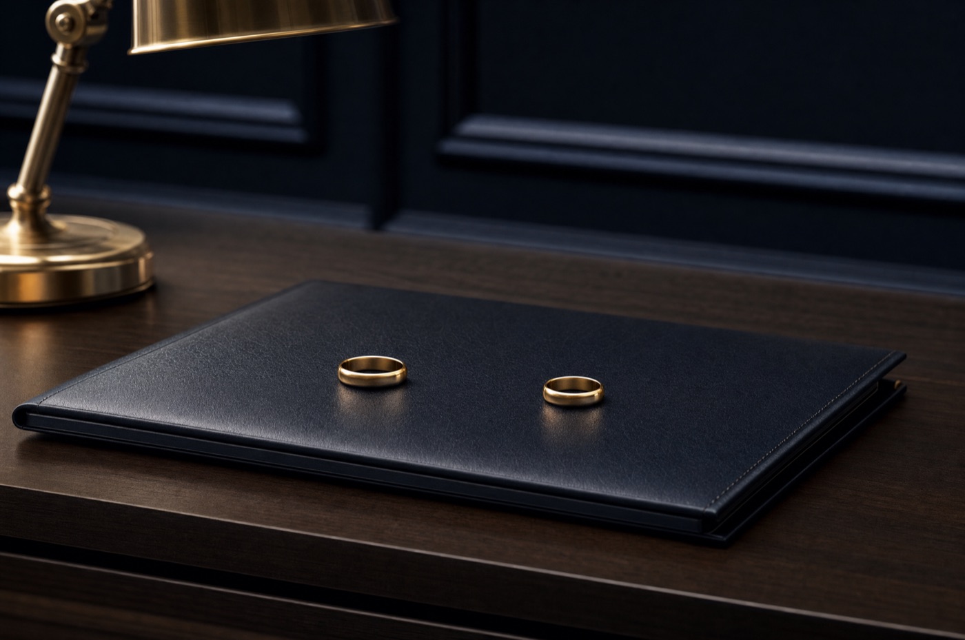 A fountain pen resting on a court application beside two separated wedding bands on a dark desk