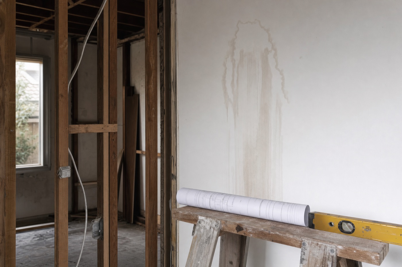 Water staining across new plasterboard beside exposed timber framing in a Melbourne home renovation