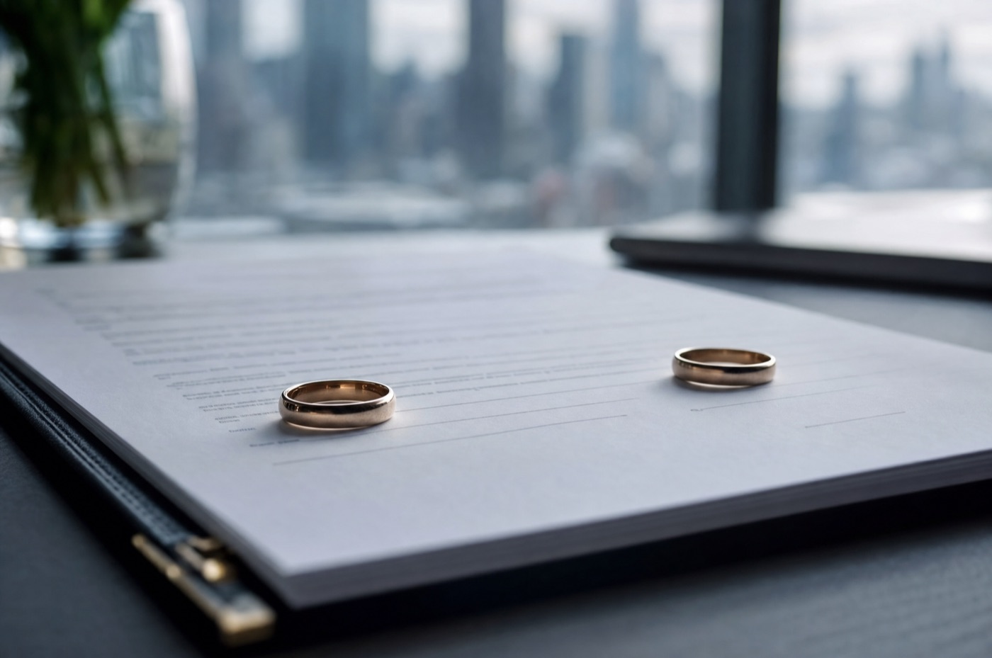 Two wedding rings placed apart on a legal document on a dark desk, representing separation and divorce