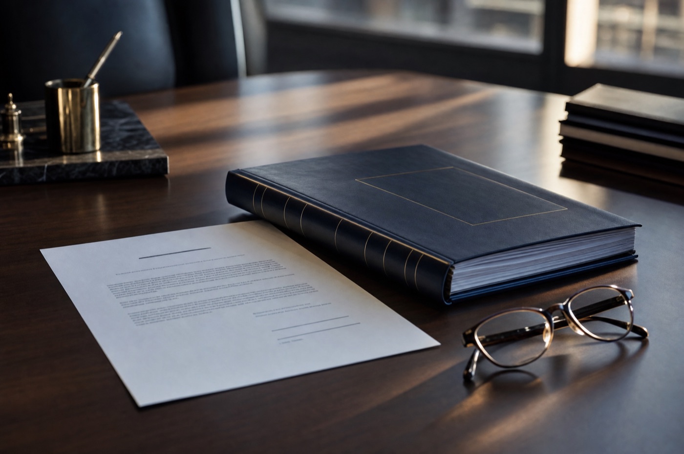 A formal breach notice letter and bound franchise agreement on a dark boardroom table beside reading glasses