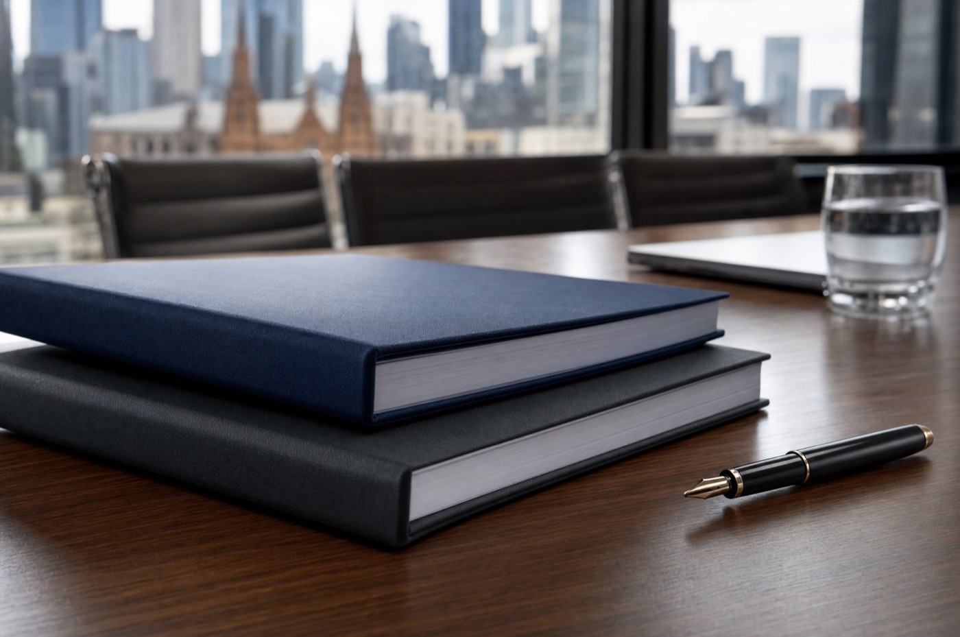 A franchise disclosure document and franchise agreement bound on a Melbourne boardroom table beside a fountain pen
