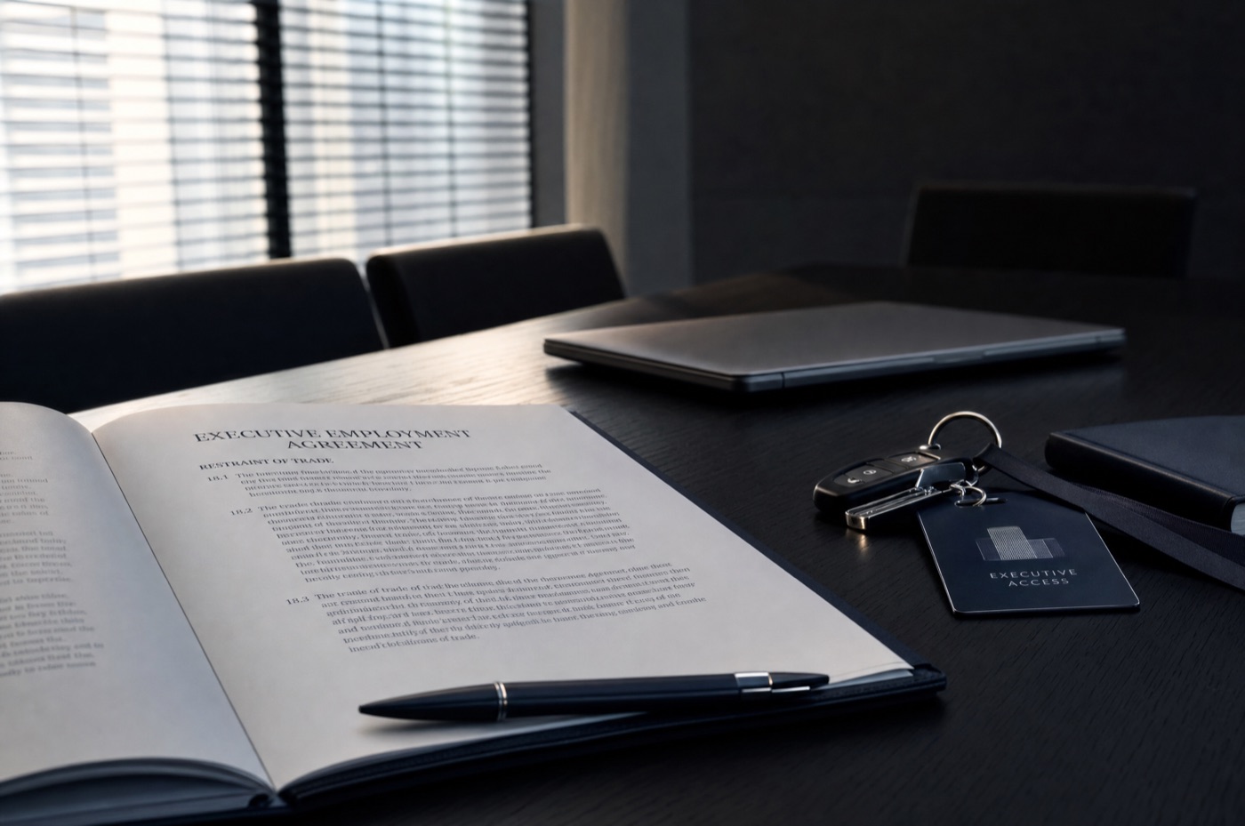An executive employment agreement open at a restraint of trade clause on a Melbourne boardroom table