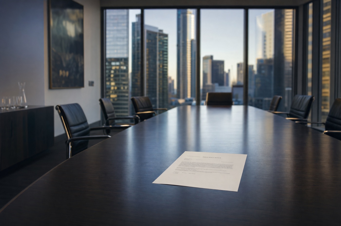 An empty boardroom with a single insolvency notice on the table and Melbourne CBD towers behind