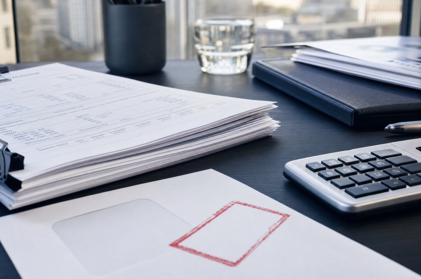 A liquidator's financial statements and calculator beside a red-stamped overdue account notice on a dark desk