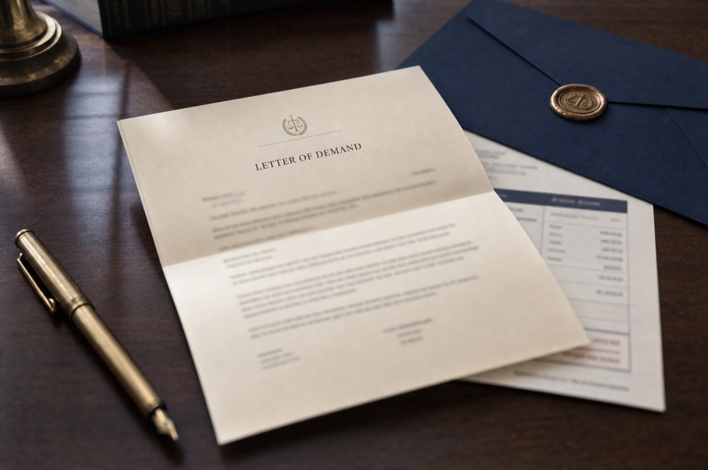 A lawyer-drafted letter of demand on letterhead beside a fountain pen and an overdue invoice on a walnut desk
