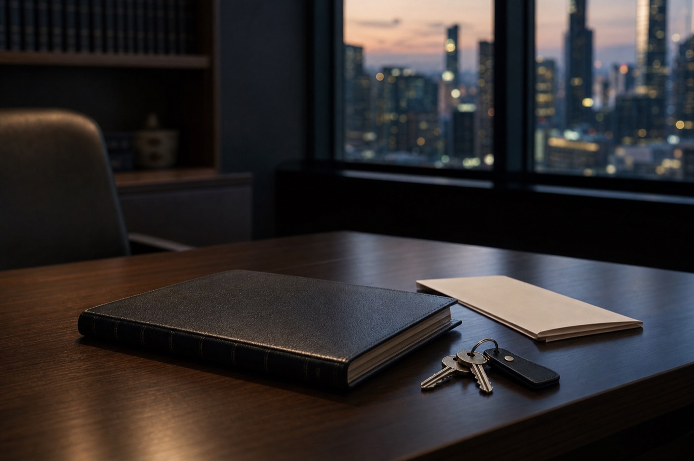 A wound-up company's final ledger and keys on an empty Melbourne office desk