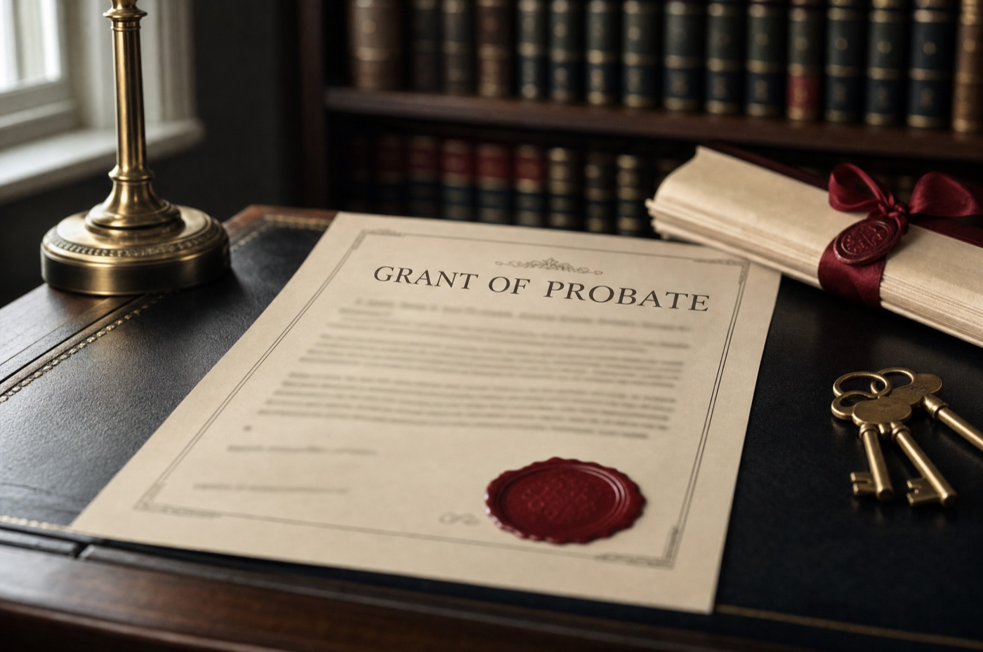 A grant of probate document with a red wax seal beside house keys and a folded property title on a solicitor's desk