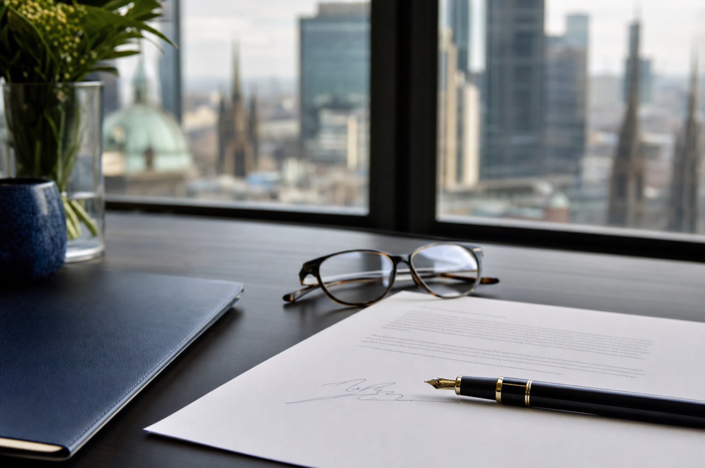 A signed professional advice letter, a fountain pen and reading glasses on a Melbourne law office desk