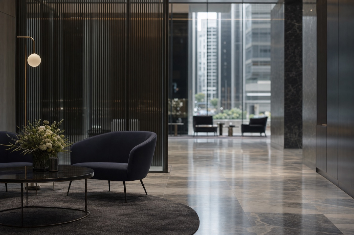 A quiet Melbourne CBD professional-services office lobby with marble floor and glass