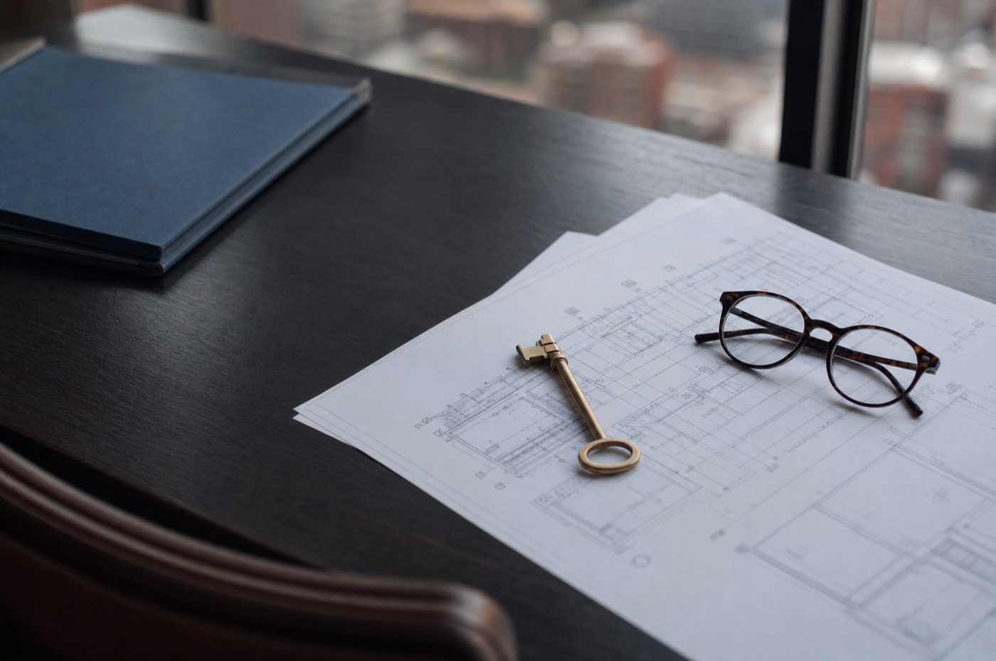 Property title plans, a brass key and reading glasses on a dark timber desk at a Melbourne law firm