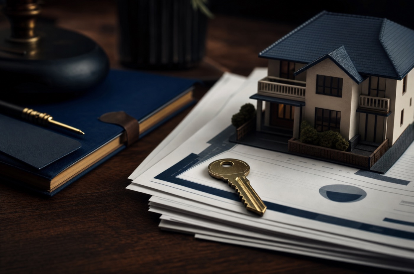 A brass house key on top of property and superannuation statements beside a small model house on a dark desk
