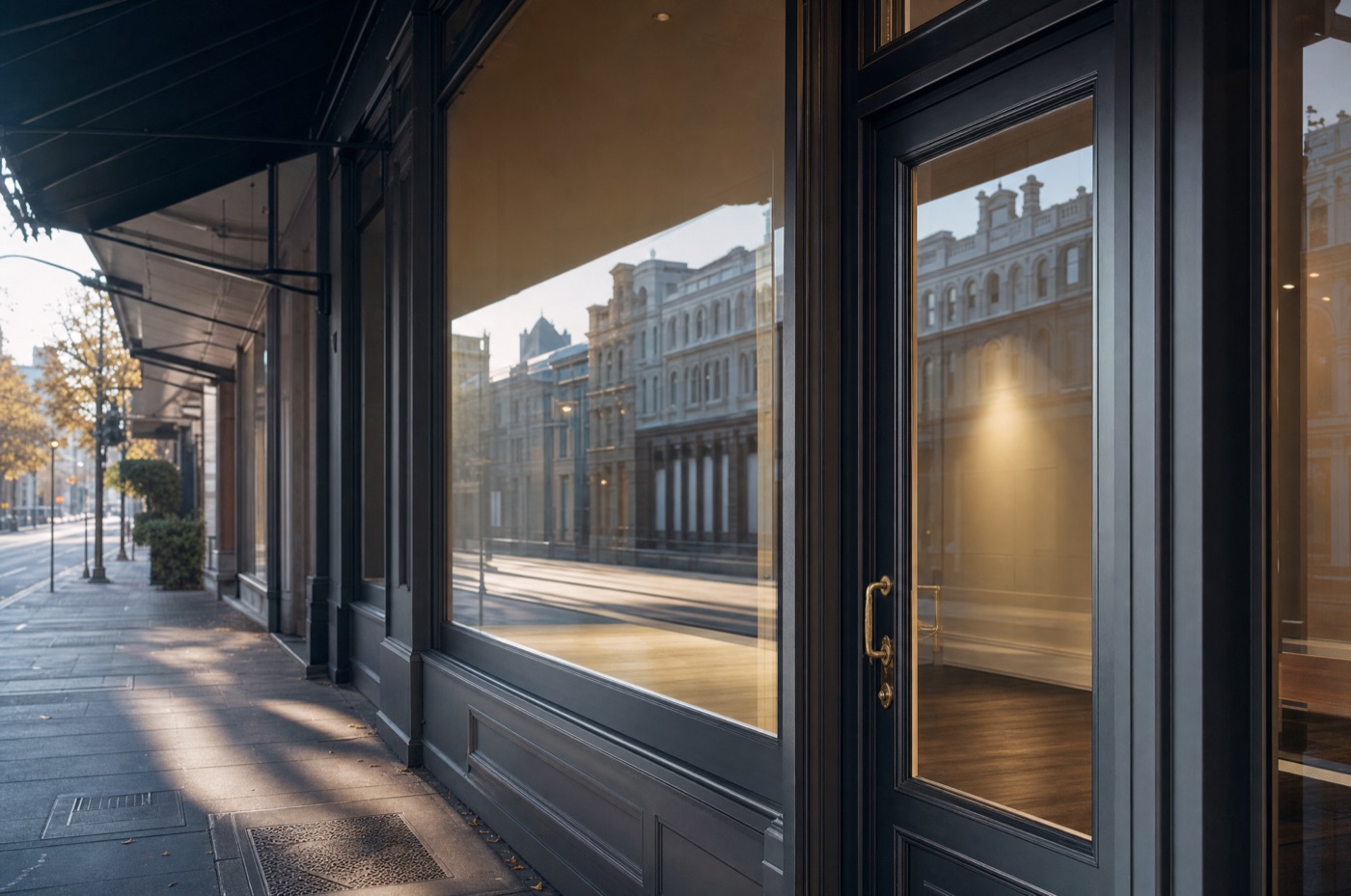 A closed Melbourne retail shopfront with a brass door handle at early morning, Victorian-era buildings reflected in the glass