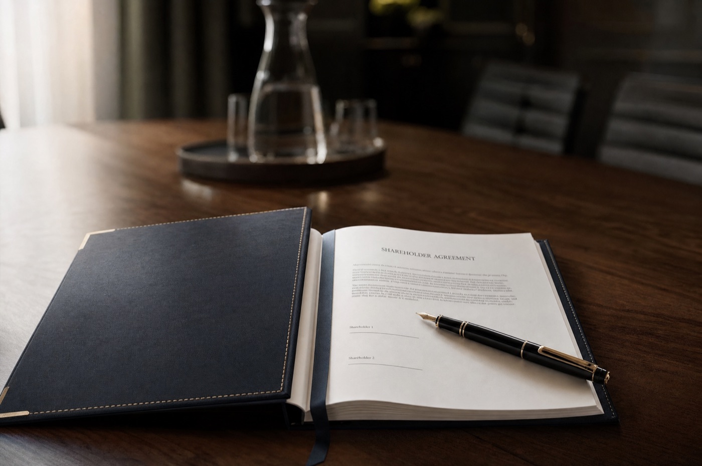 A bound shareholder agreement open at the signature page with a fountain pen resting across two empty signature lines