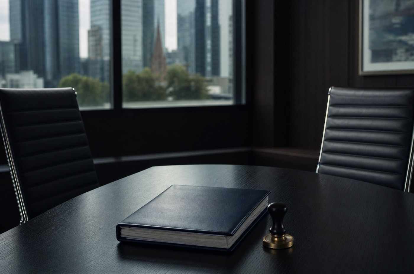 A company share register and corporate seal on a dark boardroom table between two empty opposing chairs