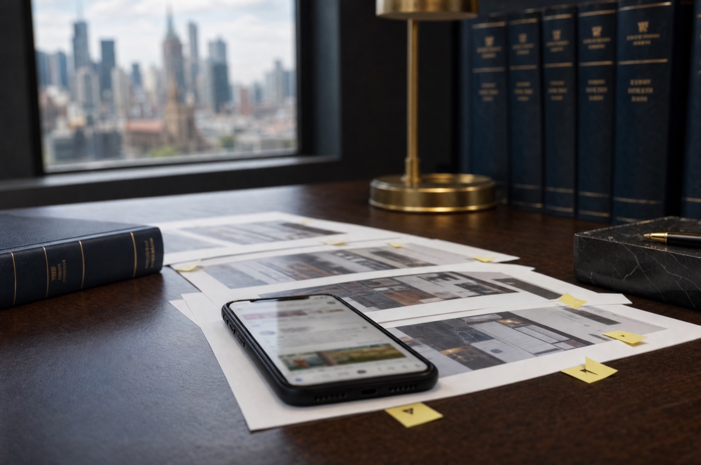 A phone showing a social media feed on printed screenshot pages tagged with evidence tabs on a lawyer's desk