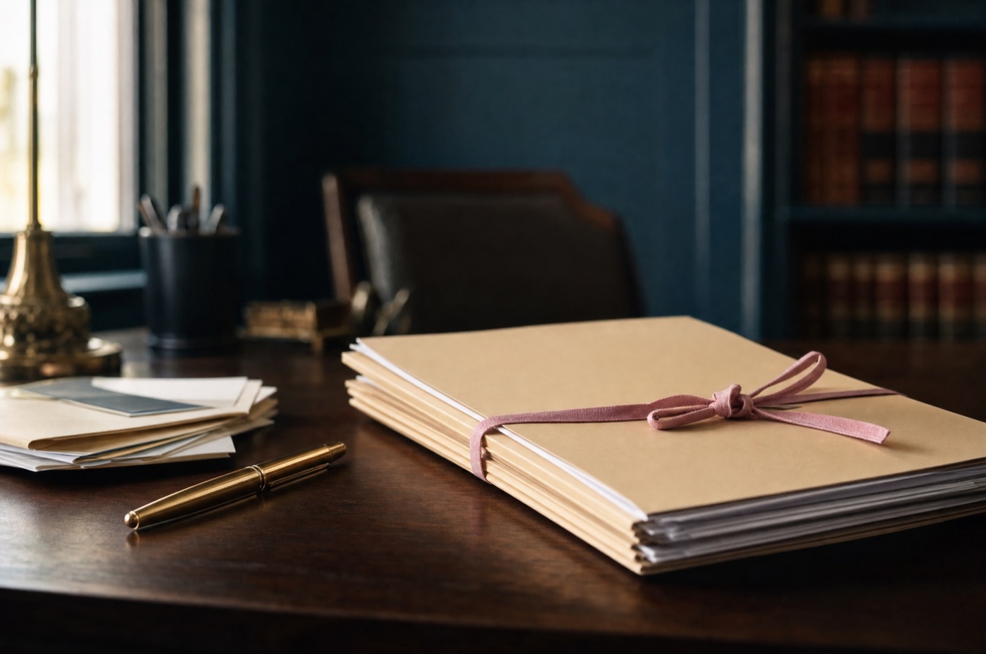 A bundle of legal files tied with pink barrister's ribbon on a walnut desk in a Melbourne law office