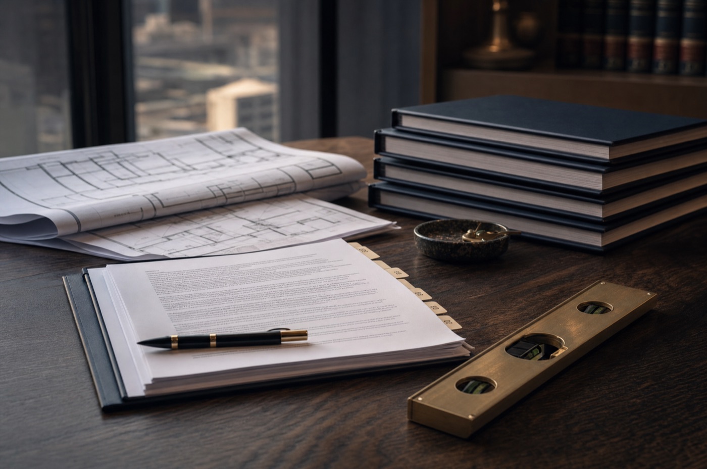 A domestic building contract, folded floor plans and bound expert reports stacked on a timber table