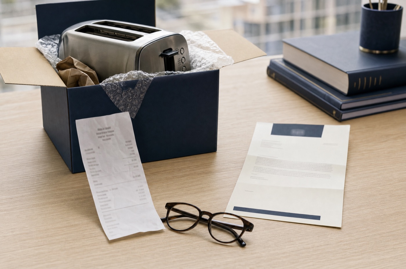 A faulty toaster in its box beside a receipt and a printed letter of demand on a desk