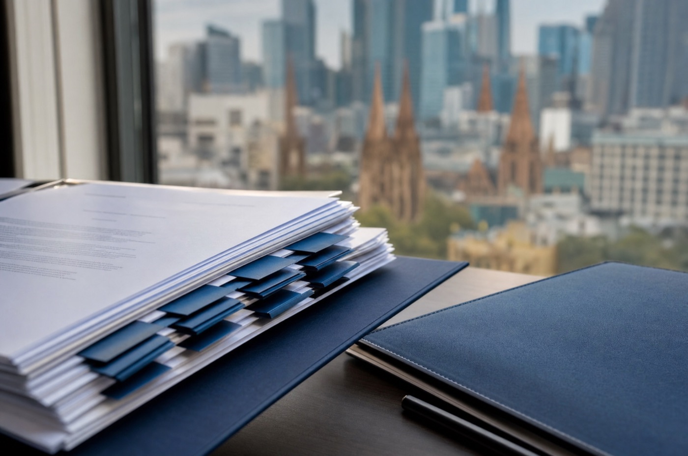 A neatly tabbed bundle of VCAT hearing documents and a folder on a Melbourne lawyer's desk