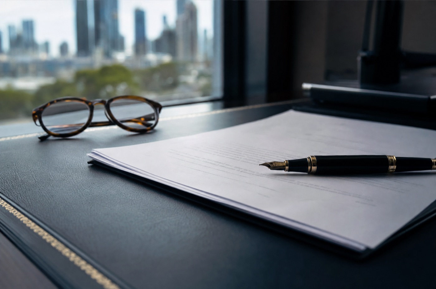 A last will and testament document with a fountain pen and reading glasses on a dark leather desk in a Melbourne law office