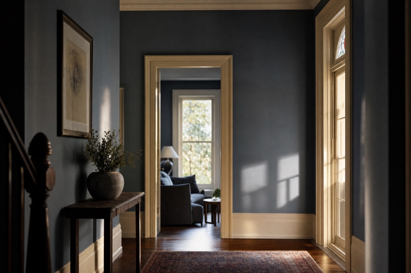 A quiet heritage family home hallway in Melbourne with warm afternoon light through a window